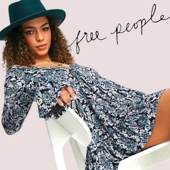 Free People Olivia Jersey Tunic Dress Blue Floral Plunging V-neck Ruffled Hem SM - Picture 15 of 15